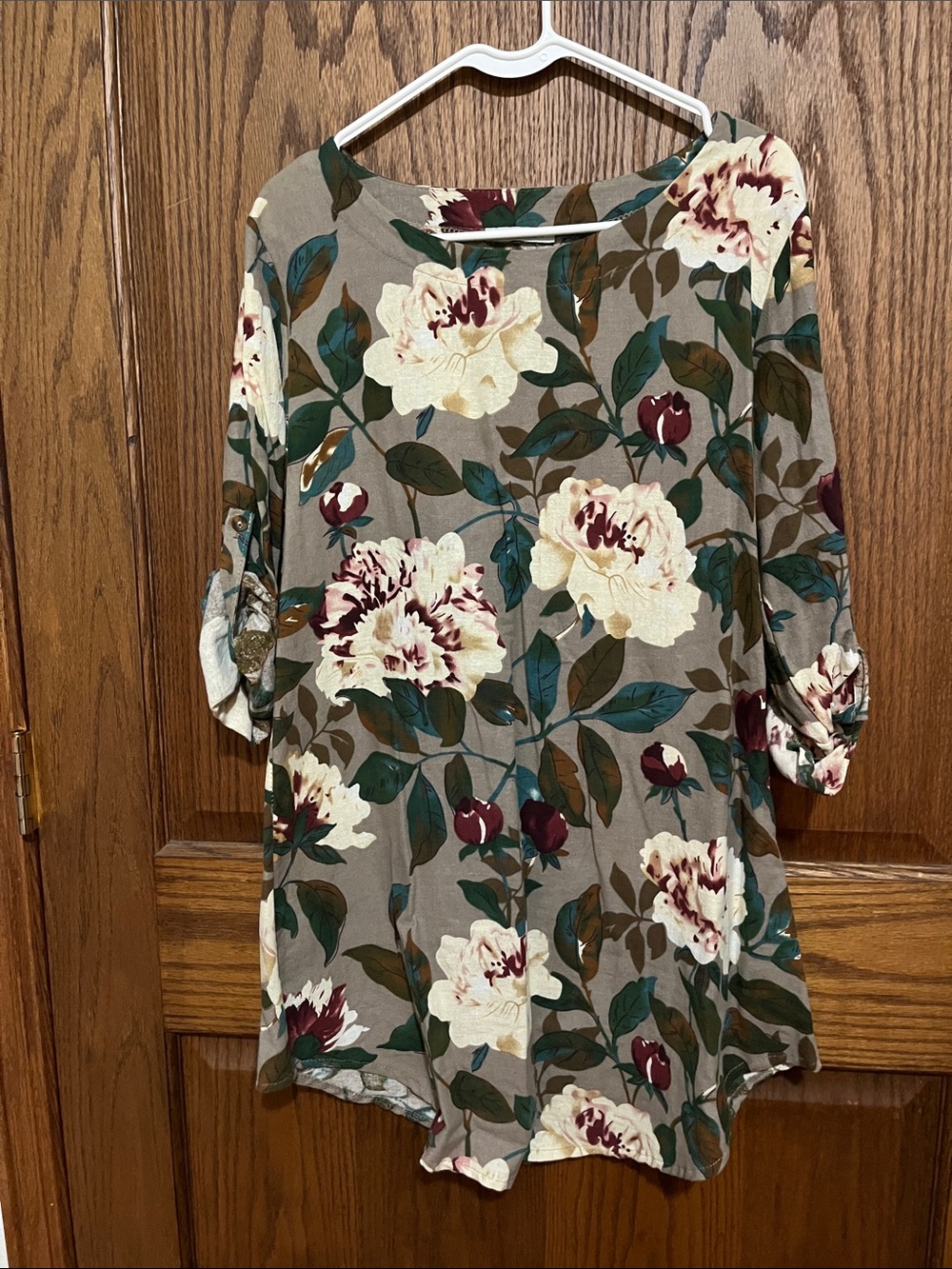 Taupe Floral Tunic Top with Cream & Green Bloom